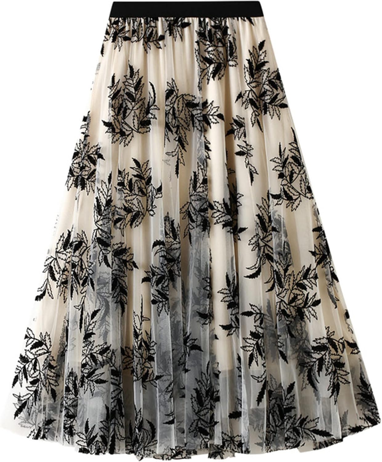 Dirholl Women's A-Line Fairy Patterned Elastic Waist Ruffle Mesh Layered Midi Skirt