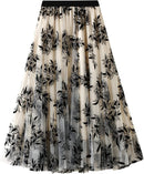 Dirholl Women's A-Line Fairy Patterned Elastic Waist Ruffle Mesh Layered Midi Skirt