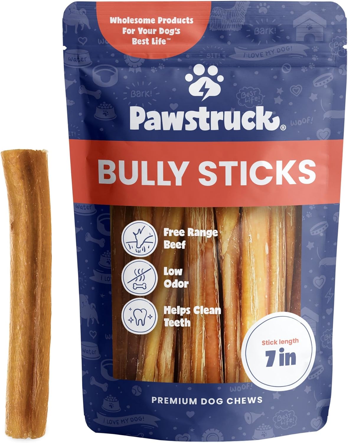 Pawstruck Natural 8–12" Bully Sticks for Dogs – Long-Lasting, Rawhide-Free, Low-Odor, Grain-Free Dental Chew Treat – Single Ingredient, 100% Real Beef – 1 lb Bag – Packaging May Vary