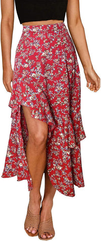 BTFBM Women 2025 Summer Fall Boho Long Skirts Dress Floral Print Elastic Waist Split Ruffle High Low Beach Maxi Skirt