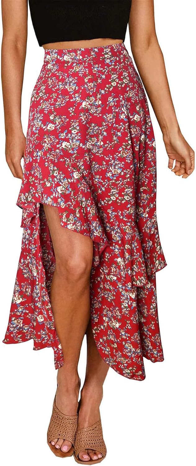 BTFBM Women 2025 Summer Fall Boho Long Skirts Dress Floral Print Elastic Waist Split Ruffle High Low Beach Maxi Skirt