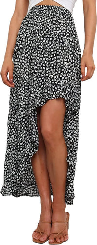 BTFBM Women 2025 Summer Fall Boho Long Skirts Dress Floral Print Elastic Waist Split Ruffle High Low Beach Maxi Skirt