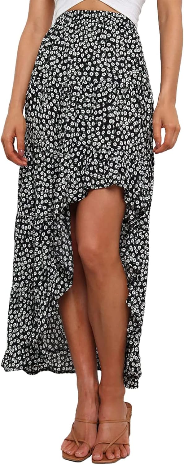 BTFBM Women 2025 Summer Fall Boho Long Skirts Dress Floral Print Elastic Waist Split Ruffle High Low Beach Maxi Skirt
