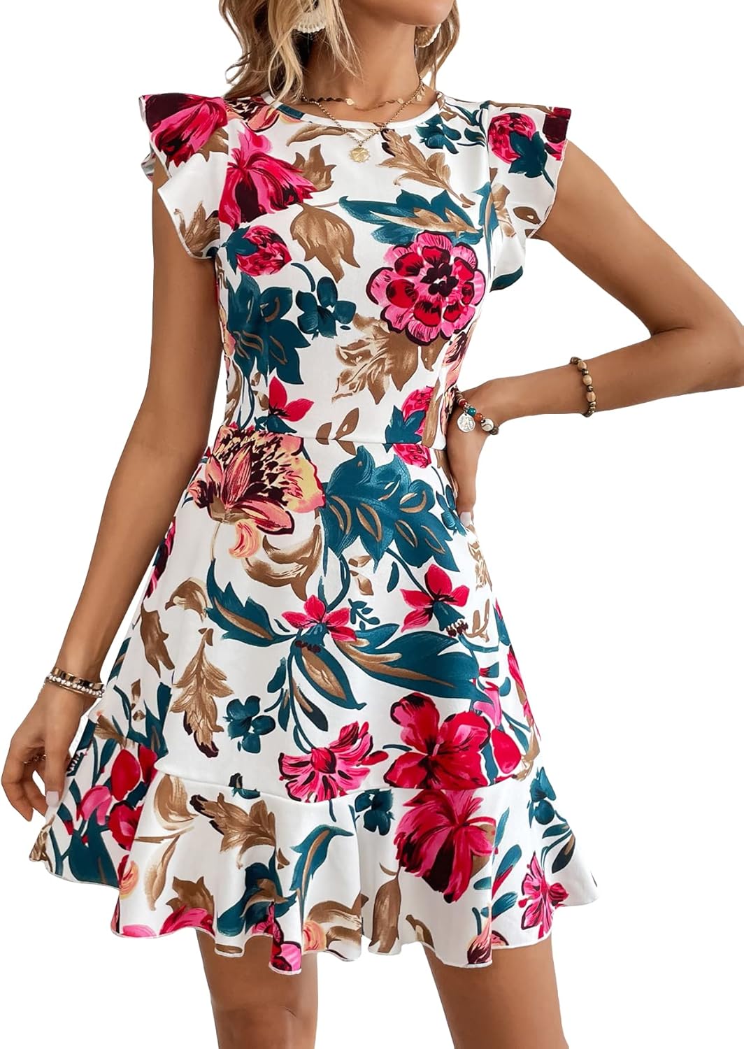 Floerns Women's V Back Inslace Layered Ruffle Hem Flutter Sleeve Dress