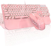 Typewriter Mechanical Gaming Keyboard and Mouse Combo, Retro Punk Round Keycaps RGB Rainbow Backlit Wired Keyboard for Game and Office, for Windows Laptop PC, Red Switches(Pink)