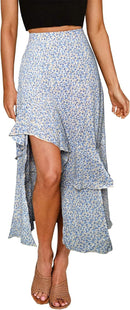 BTFBM Women 2025 Summer Fall Boho Long Skirts Dress Floral Print Elastic Waist Split Ruffle High Low Beach Maxi Skirt