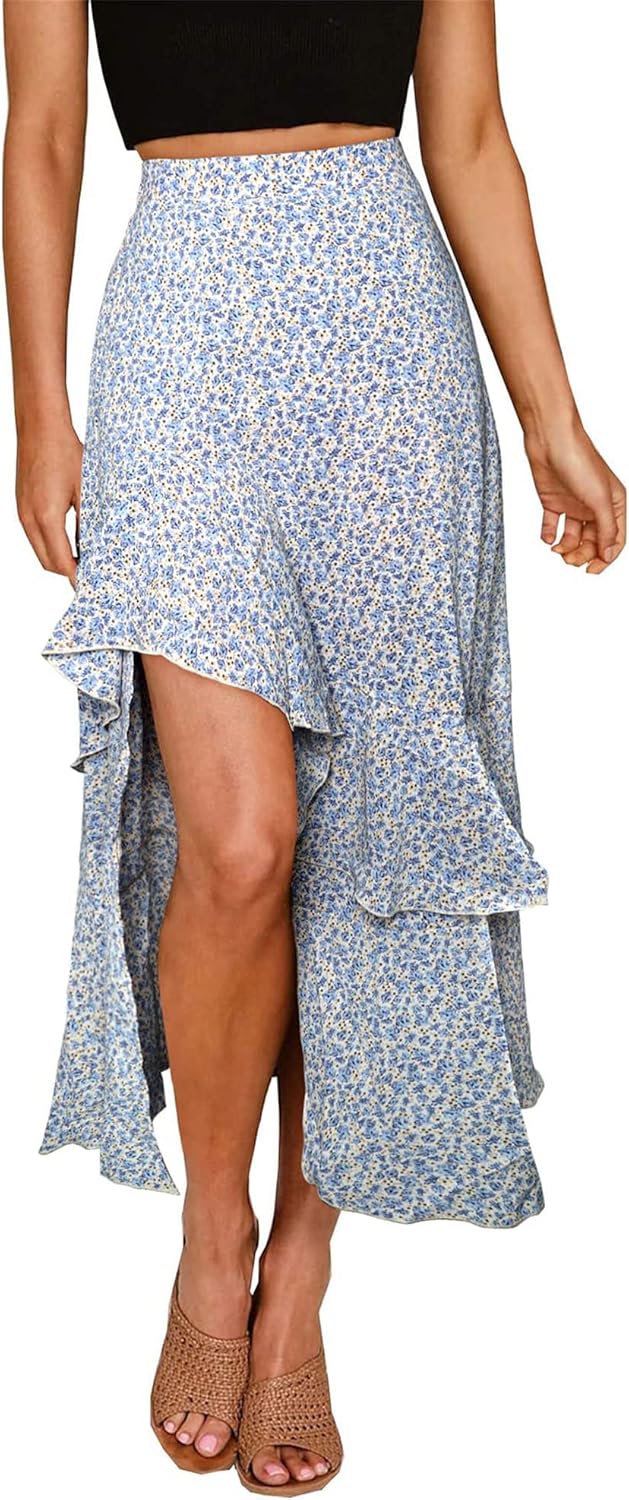 BTFBM Women 2025 Summer Fall Boho Long Skirts Dress Floral Print Elastic Waist Split Ruffle High Low Beach Maxi Skirt