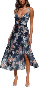 Fashionme Women Spaghetti Strap Midi Satin Dresses Tie Front Backless Split Hollow Dress