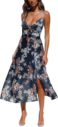 Fashionme Women Spaghetti Strap Midi Satin Dresses Tie Front Backless Split Hollow Dress