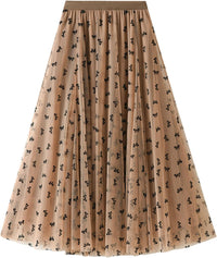 Dirholl Women's A-Line Fairy Patterned Elastic Waist Ruffle Mesh Layered Midi Skirt