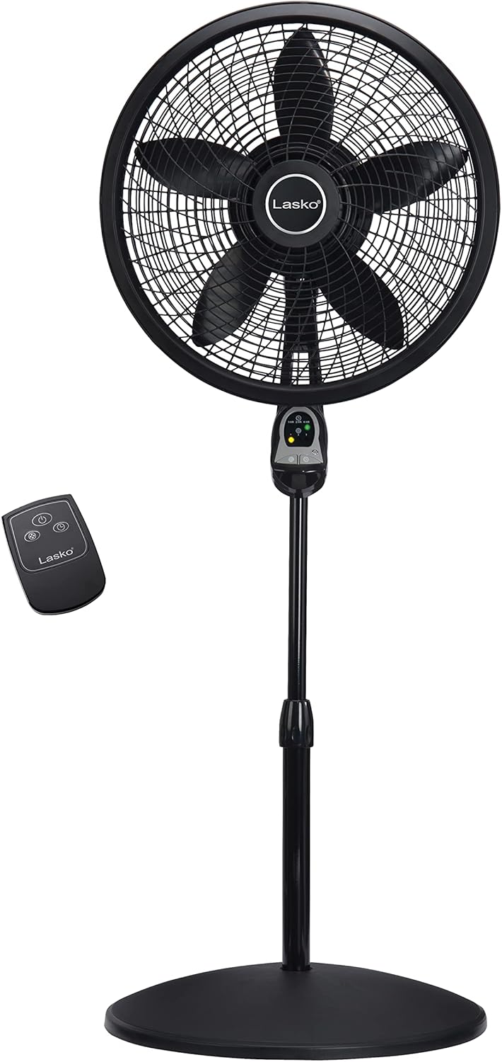 Lasko Oscillating Cyclone Pedestal Fan, Adjustable Height, Timer, Remote Control, 3 Speeds, for Bedroom, Living Room, Home Office, 18", Black, 1843