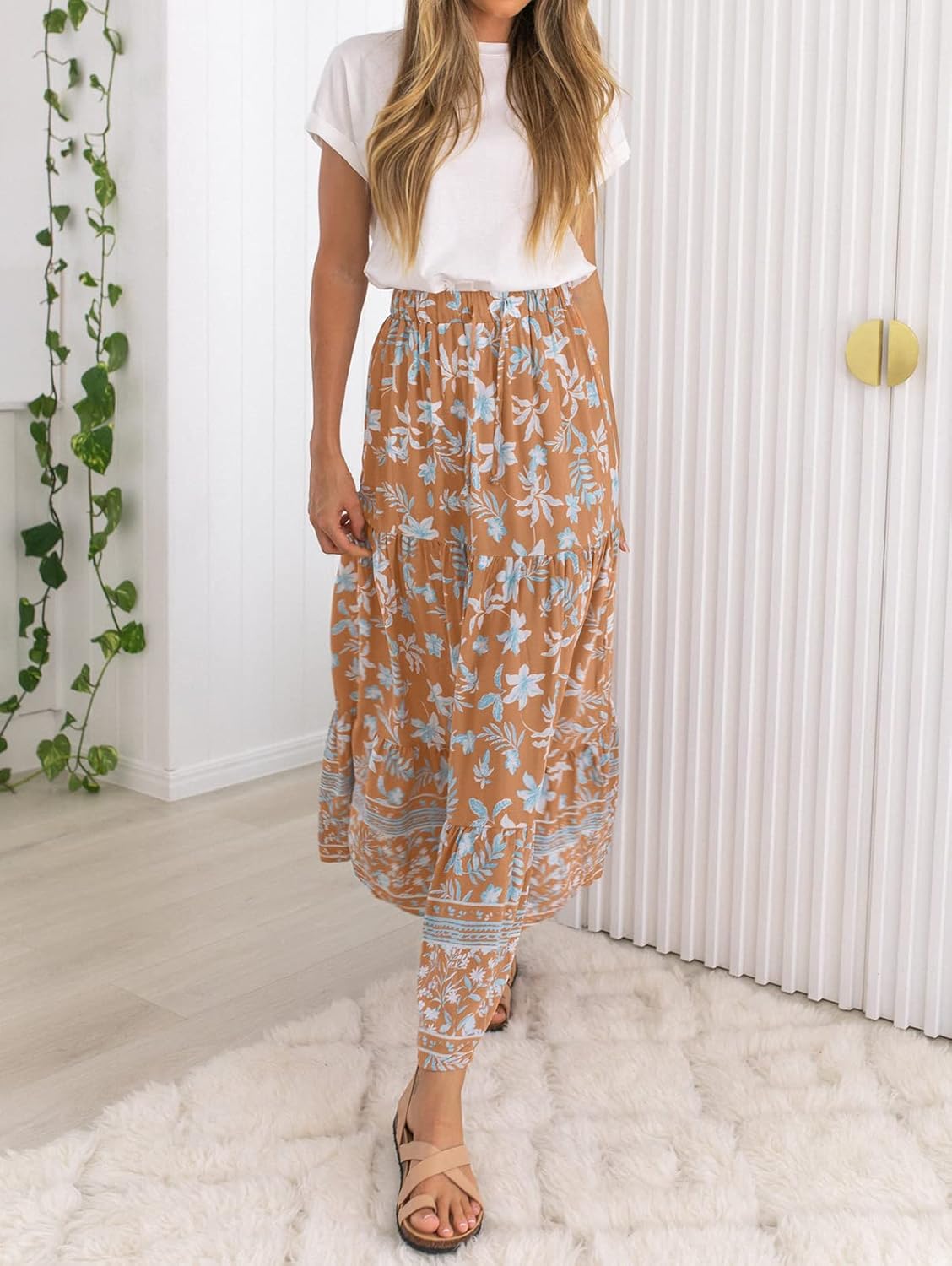 ZESICA Women's 2025 Summer Bohemian Floral Printed Elastic Waist A Line Maxi Skirt with Pockets