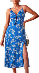 Fashionme Women Spaghetti Strap Midi Satin Dresses Tie Front Backless Split Hollow Dress