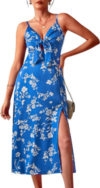 Fashionme Women Spaghetti Strap Midi Satin Dresses Tie Front Backless Split Hollow Dress