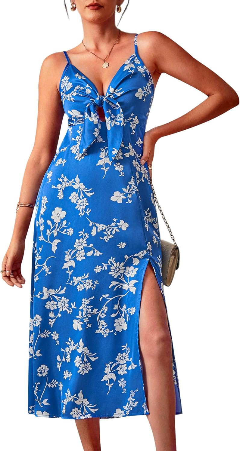 Fashionme Women Spaghetti Strap Midi Satin Dresses Tie Front Backless Split Hollow Dress