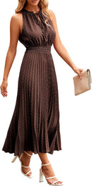 PRETTYGARDEN Women's Midi Summer Dresses Casual V Neck Swiss Dot Ruffle Sleeveless A Line Beach Sun Dress