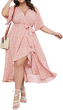 SCOMCHIC Women Plus Size Maxi Dress Short Sleeve Wrap V Neck High Low Split Ruffle Long Dress