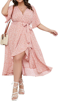 SCOMCHIC Women Plus Size Maxi Dress Short Sleeve Wrap V Neck High Low Split Ruffle Long Dress