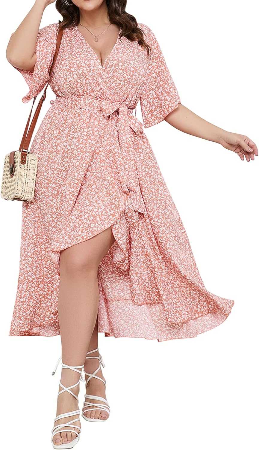 SCOMCHIC Women Plus Size Maxi Dress Short Sleeve Wrap V Neck High Low Split Ruffle Long Dress