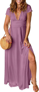 ANRABESS Women Summer Deep V Neck Short Sleeve Dresses Slit Elegant Wedding Guest Formal Cocktail Evening Maxi Long Dress