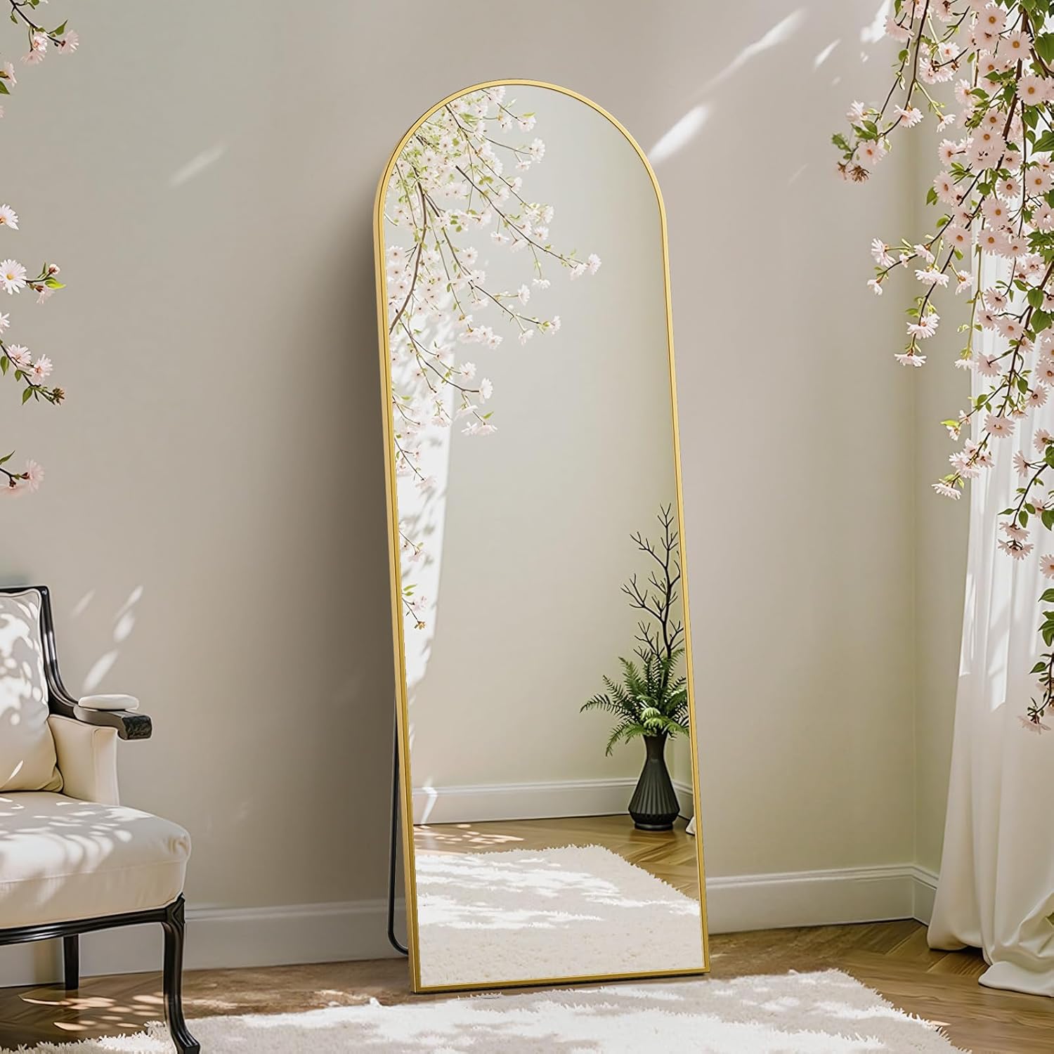 DUMOS Arched Full Length Mirror with Stand 64"x21" Floor Standing Aluminum Frame for Bedroom Body Hanging Leaning Modern Simple Home Decor Shatter-proorf Nano Glass Wall Living Room Cloakroom Black