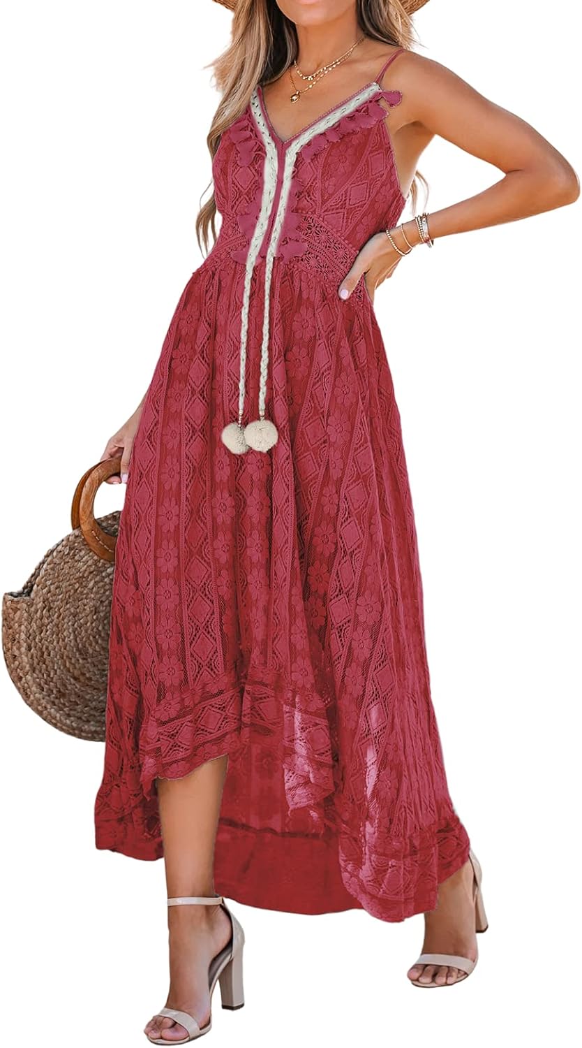 CUPSHE Women's Summer Dresses Sleeveless Lace Casual Tassel Beach Spaghetti Straps Flowy Maxi Sun Dress