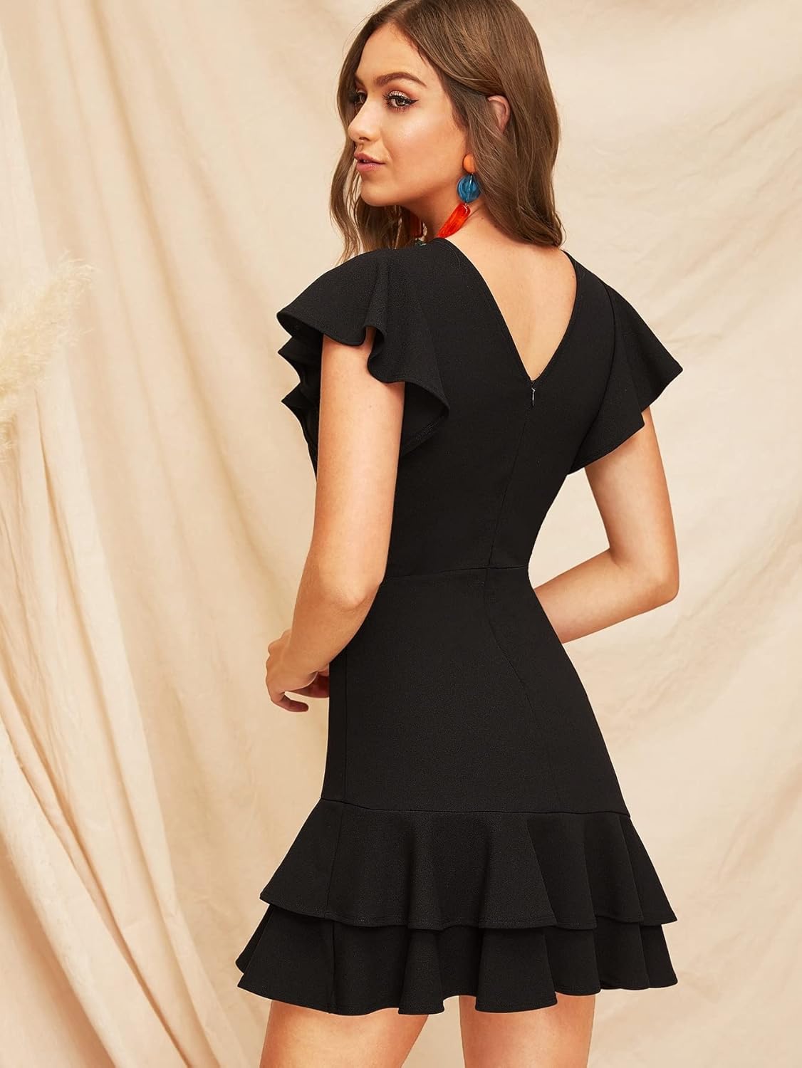 Floerns Women's V Back Inslace Layered Ruffle Hem Flutter Sleeve Dress