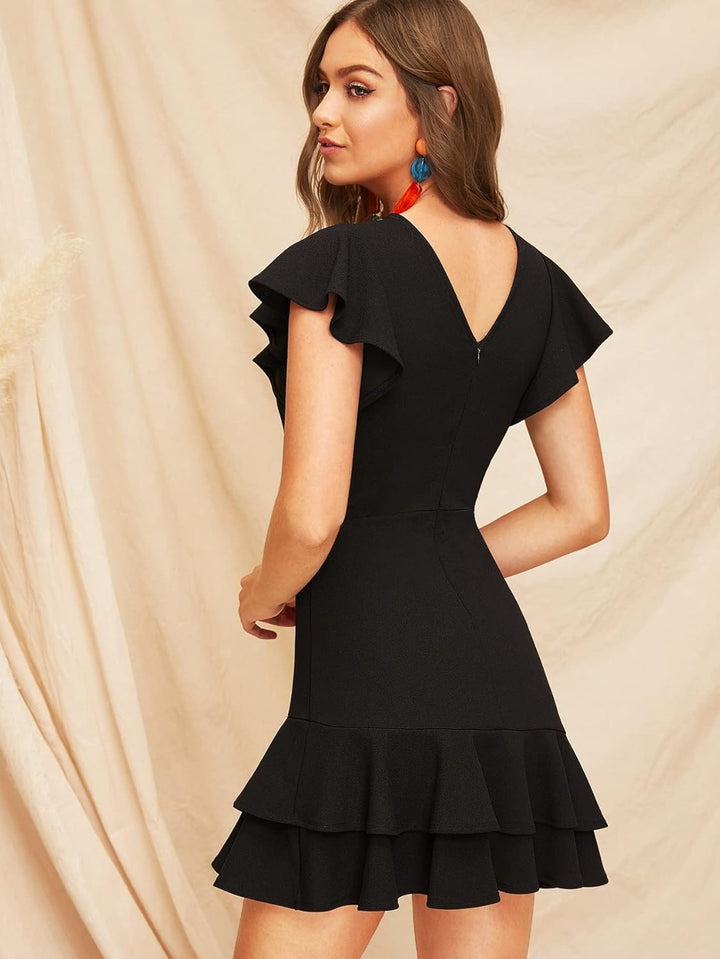 Floerns Women's V Back Inslace Layered Ruffle Hem Flutter Sleeve Dress