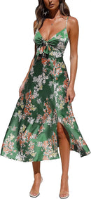Fashionme Women Spaghetti Strap Midi Satin Dresses Tie Front Backless Split Hollow Dress