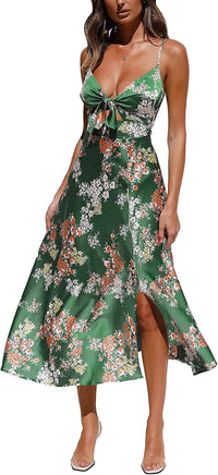 Fashionme Women Spaghetti Strap Midi Satin Dresses Tie Front Backless Split Hollow Dress