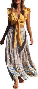 ZESICA Women's 2025 Summer Bohemian Floral Printed Elastic Waist A Line Maxi Skirt with Pockets