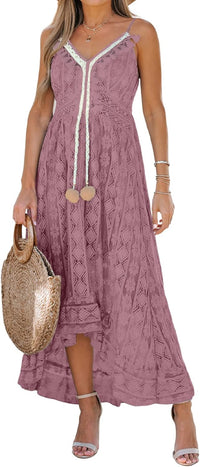 CUPSHE Women's Summer Dresses Sleeveless Lace Casual Tassel Beach Spaghetti Straps Flowy Maxi Sun Dress