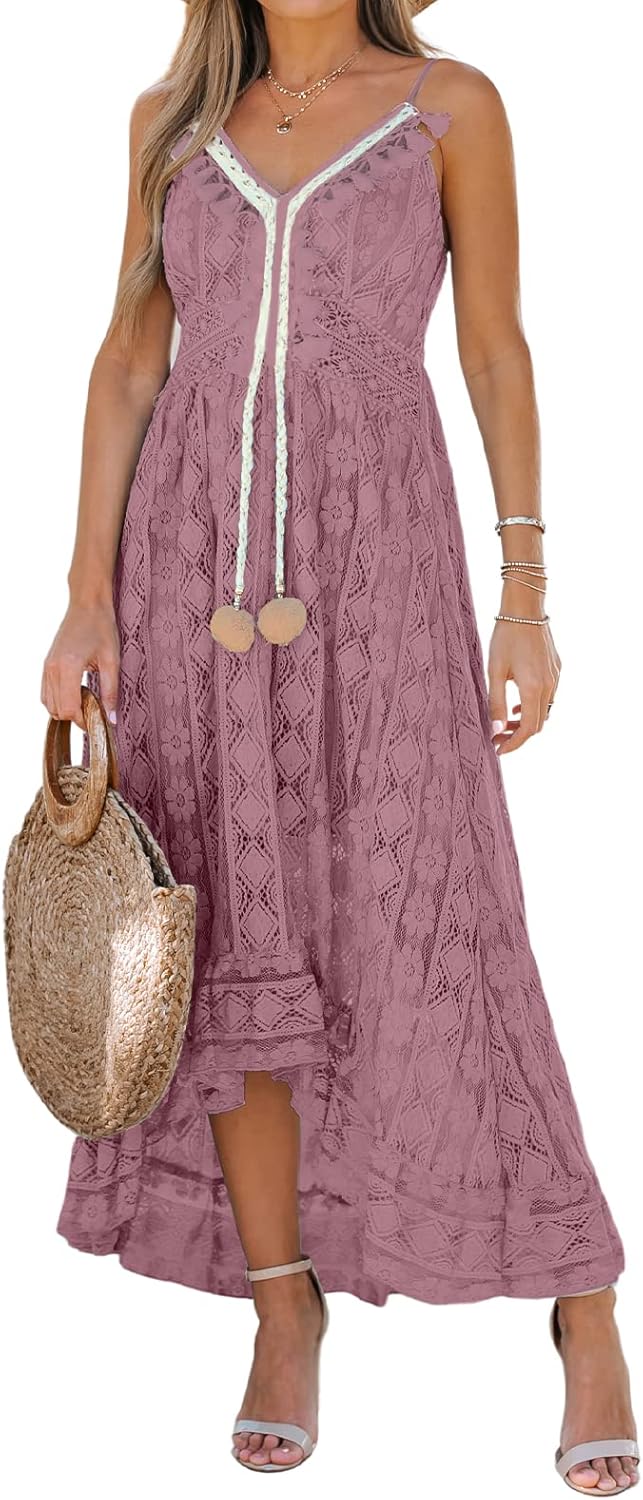 CUPSHE Women's Summer Dresses Sleeveless Lace Casual Tassel Beach Spaghetti Straps Flowy Maxi Sun Dress