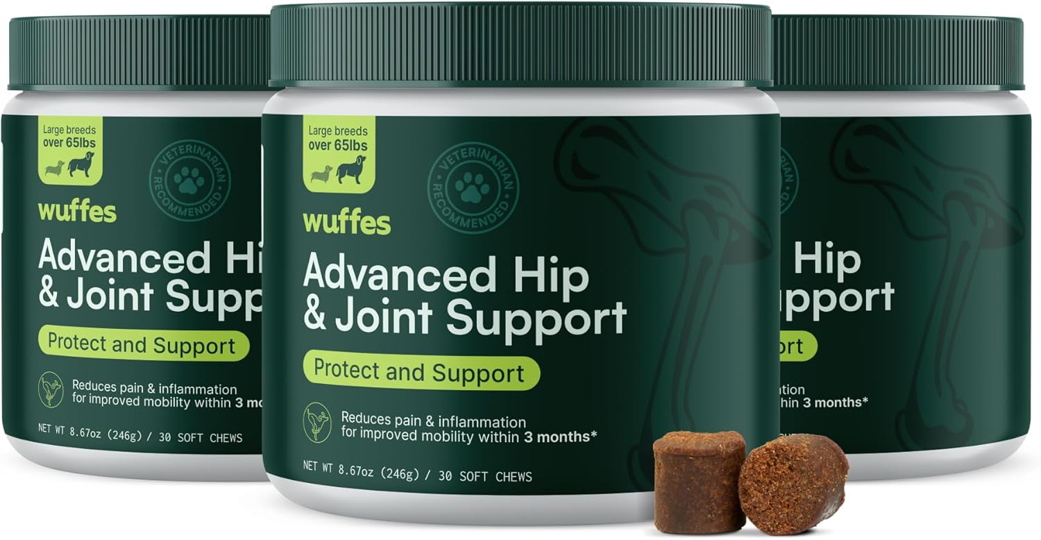 Wuffes Advanced Dog Hip and Joint Supplement with Glucosamine, Chondroitin, Omega 3, MSM, and Green Lipped Mussel, 30 Pork Flavored Chews for Large Dog Breeds