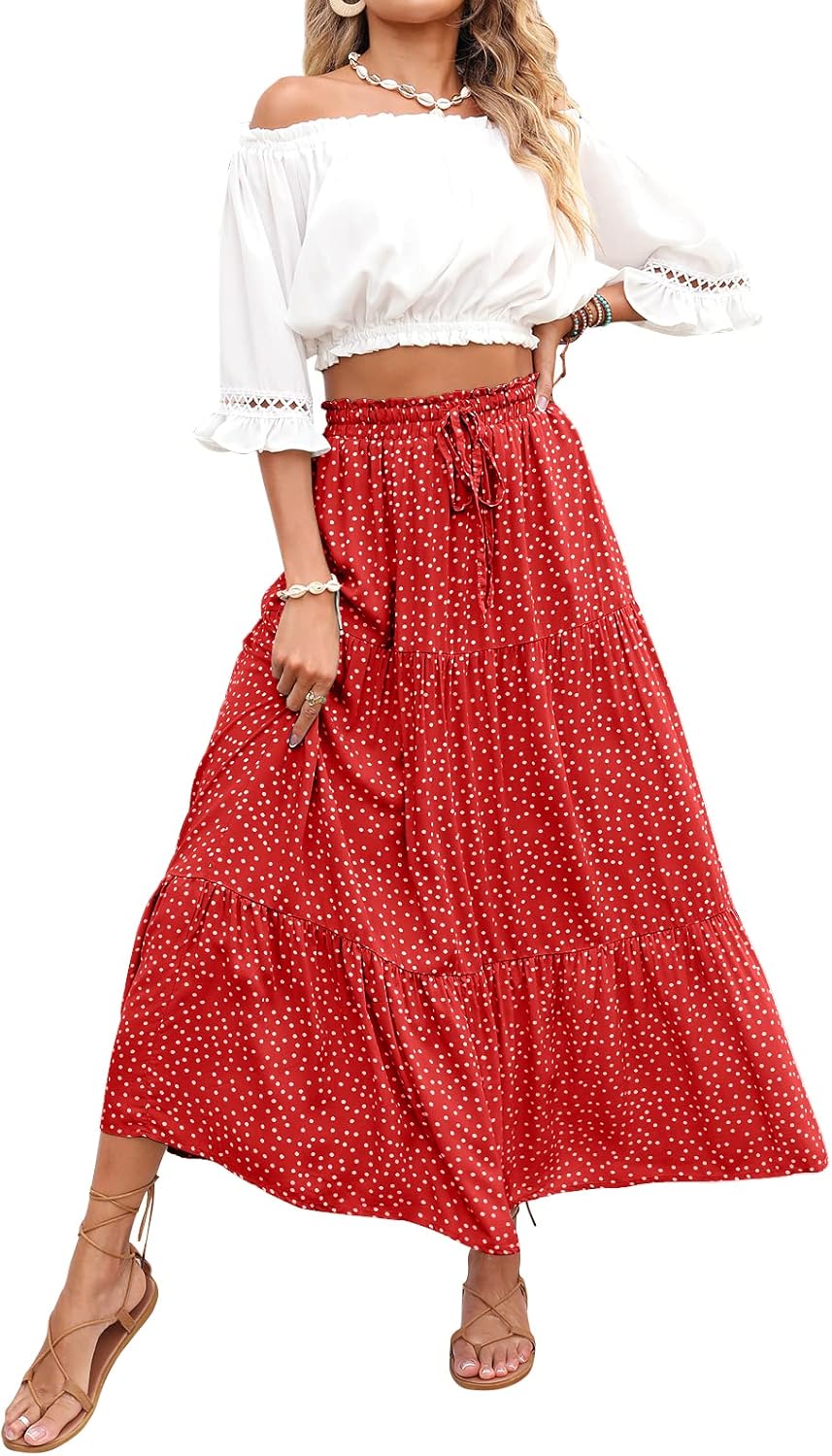 ZESICA Women's 2025 Summer Bohemian Floral Printed Elastic Waist A Line Maxi Skirt with Pockets