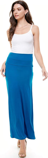 Azules Women's Maxi Skirt: Elegant, Soft, Stretchy Flowy Rayon Boho, High Waist Fold Over – Versatile for Any Occasion.
