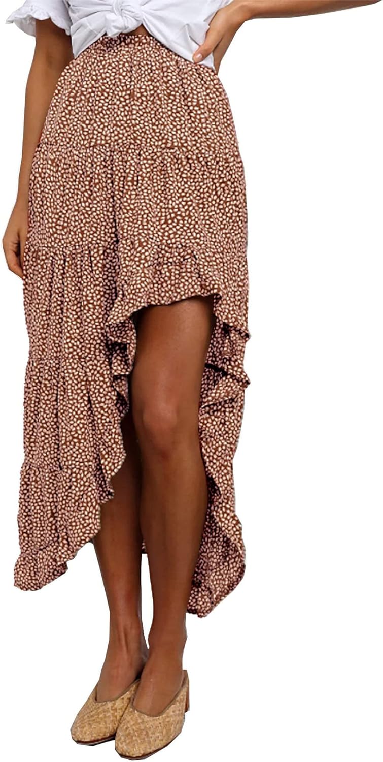 BTFBM Women 2025 Summer Fall Boho Long Skirts Dress Floral Print Elastic Waist Split Ruffle High Low Beach Maxi Skirt