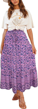 ZESICA Women's 2025 Summer Bohemian Floral Printed Elastic Waist A Line Maxi Skirt with Pockets