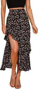 BTFBM Women 2025 Summer Fall Boho Long Skirts Dress Floral Print Elastic Waist Split Ruffle High Low Beach Maxi Skirt