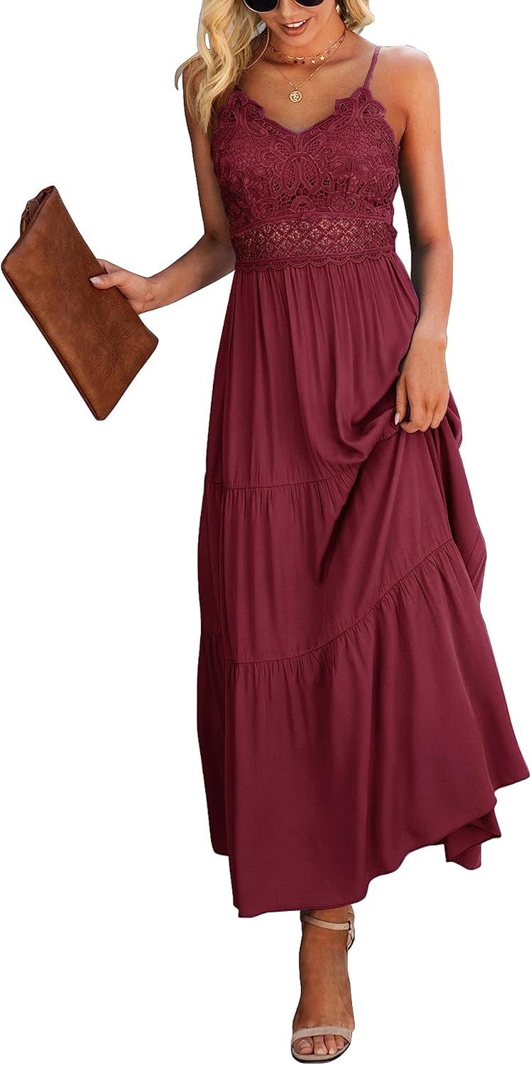 Dokuritu Women's Beach Crochet Lace Maxi Dress Solid Color Summer Vacation Spaghetti Strap Long Dress 2024