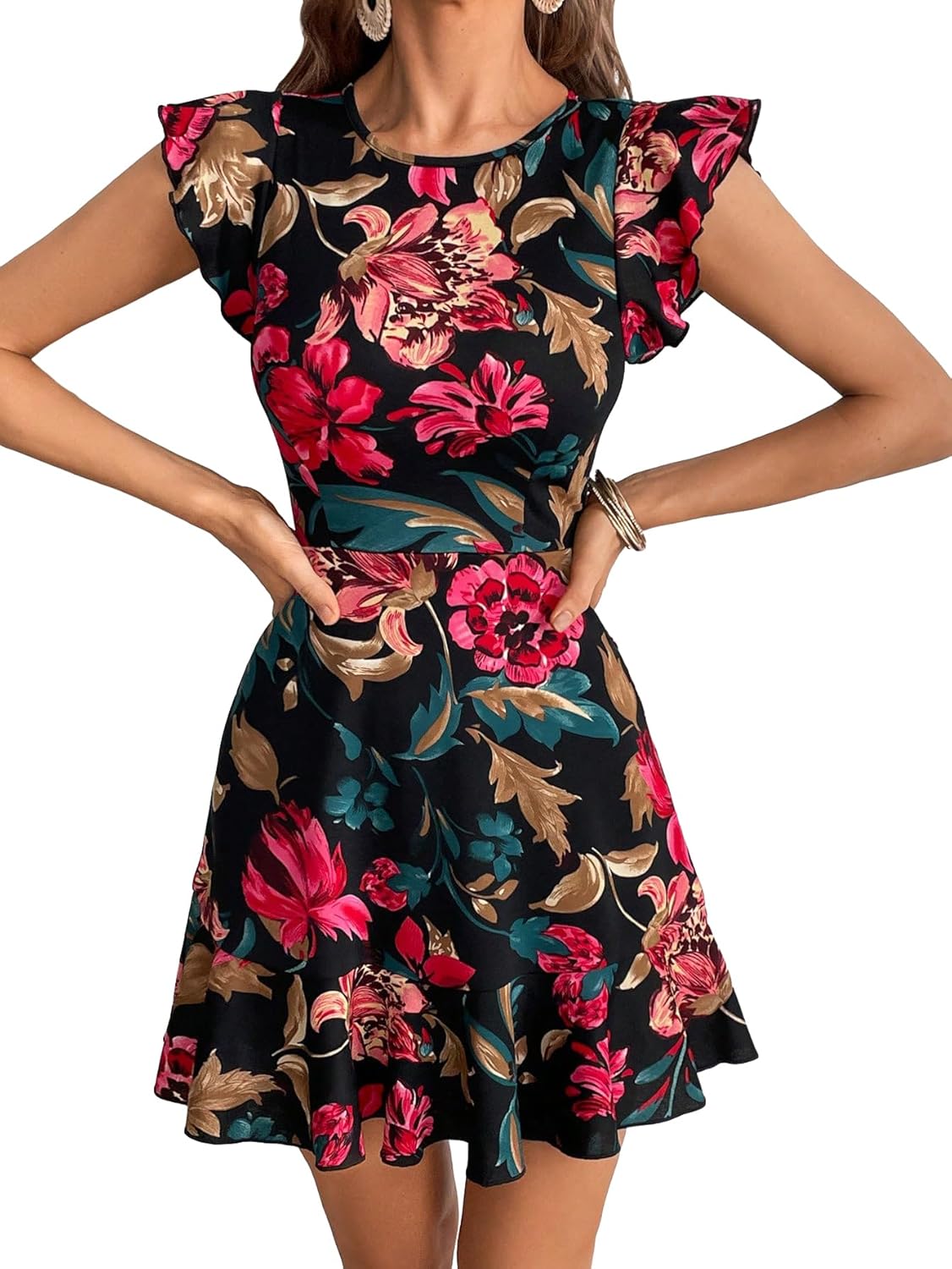 Floerns Women's V Back Inslace Layered Ruffle Hem Flutter Sleeve Dress