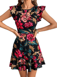 Floerns Women's V Back Inslace Layered Ruffle Hem Flutter Sleeve Dress