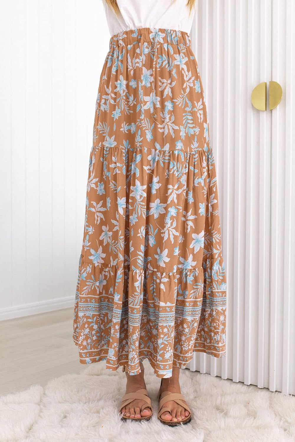 ZESICA Women's 2025 Summer Bohemian Floral Printed Elastic Waist A Line Maxi Skirt with Pockets