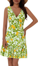 FENSACE Women's Summer Sleeveless Sexy Wrap V Neck Floral Sundress Mini Dress