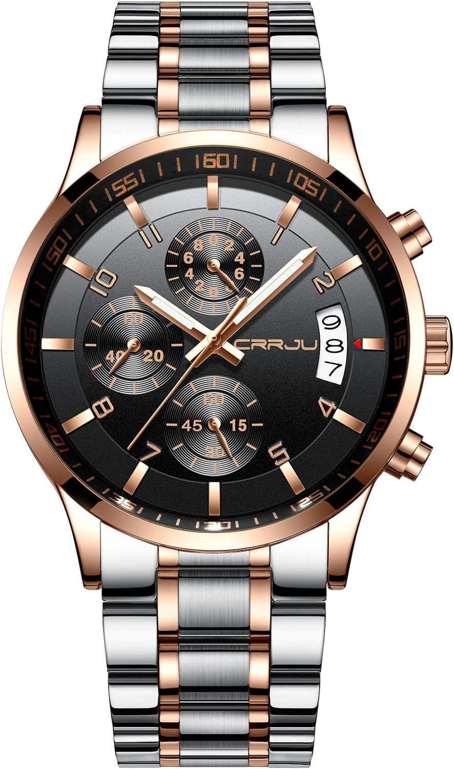 CRRJU Men's Fashion Stainless Steel Watches Date Waterproof Chronograph Wristwatches,Stainsteel Steel Band Waterproof Watch