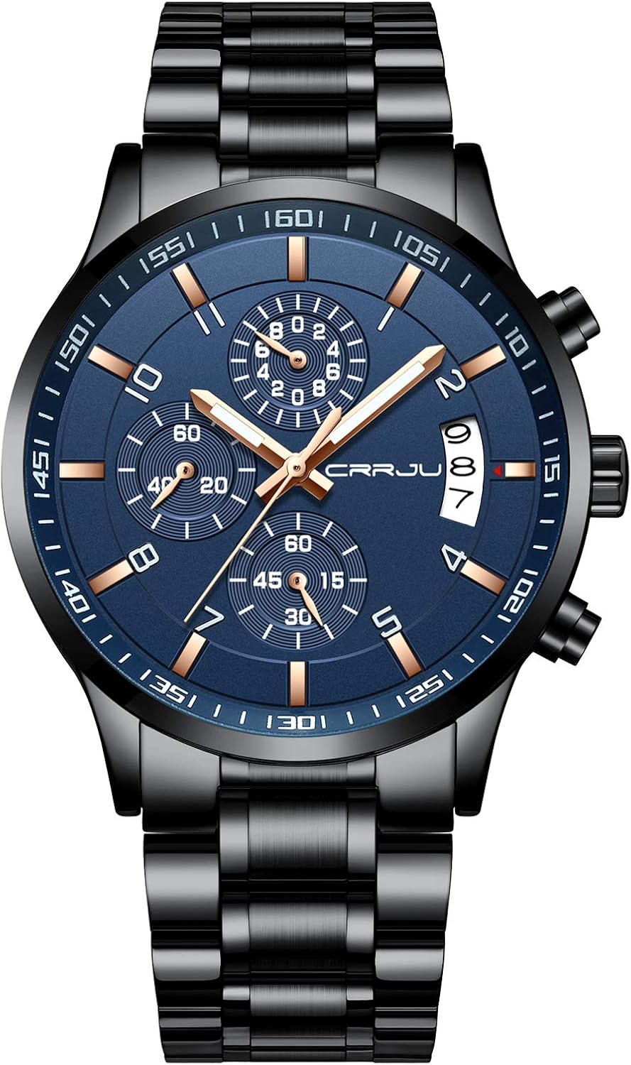 CRRJU Men's Fashion Stainless Steel Watches Date Waterproof Chronograph Wristwatches,Stainsteel Steel Band Waterproof Watch