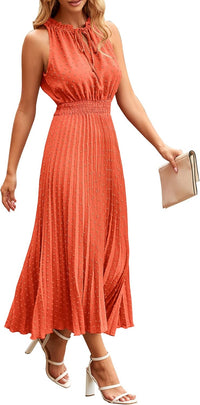 PRETTYGARDEN Women's Midi Summer Dresses Casual V Neck Swiss Dot Ruffle Sleeveless A Line Beach Sun Dress