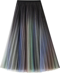 Dirholl Women's A-Line Fairy Patterned Elastic Waist Ruffle Mesh Layered Midi Skirt