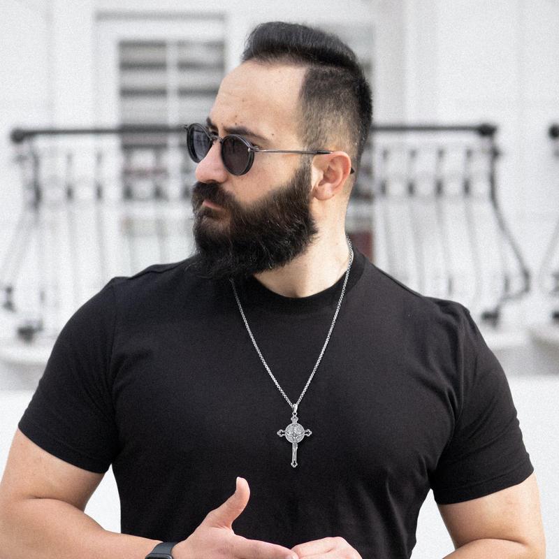 DRINSPER Saint Benedict Cross Necklace 925 Sterling Silver San Benito Pendant Necklace, Pardon Crucifix Necklace, Religious Jewelry for Men Women