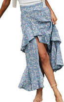BTFBM Women 2025 Summer Fall Boho Long Skirts Dress Floral Print Elastic Waist Split Ruffle High Low Beach Maxi Skirt